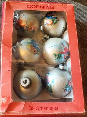 Corningware Silver Holiday Glass Ornaments with Colorful Vintage Illustrations